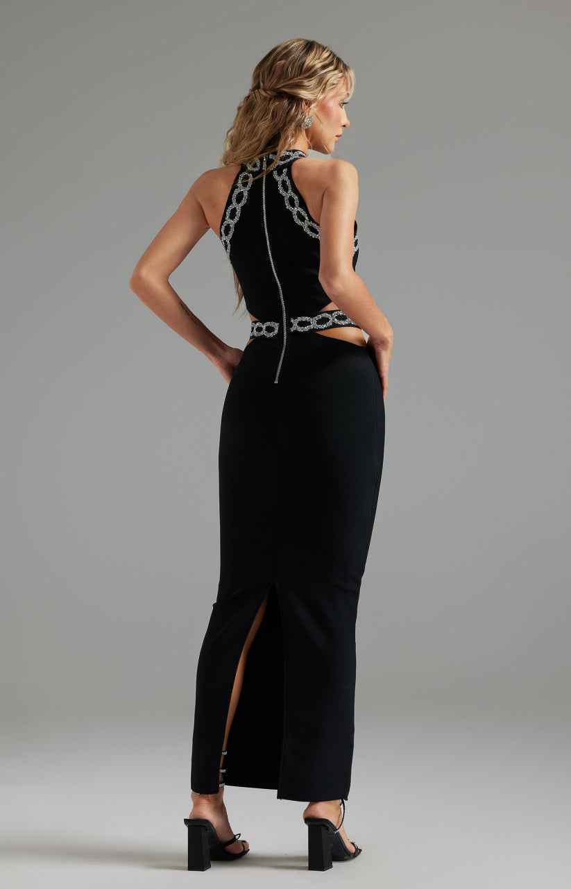 Vestido de Festa Longo com Recortes na Cintura e Aplicação de Flor de Cristal – Miranara