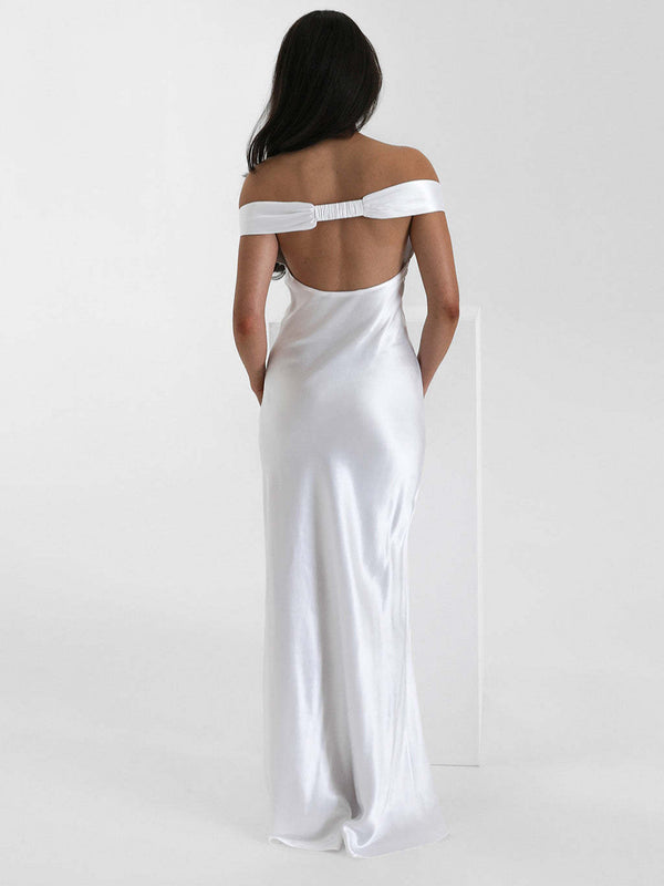 Vestido de Festa Longo de Cetim com Decote Coração Ombro a Ombro – Suelen