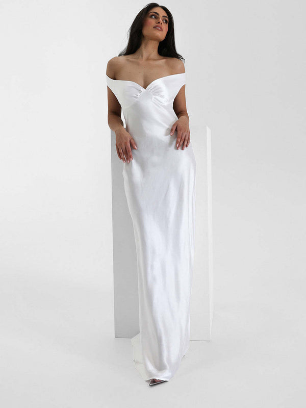 Vestido de Festa Longo de Cetim com Decote Coração Ombro a Ombro – Suelen