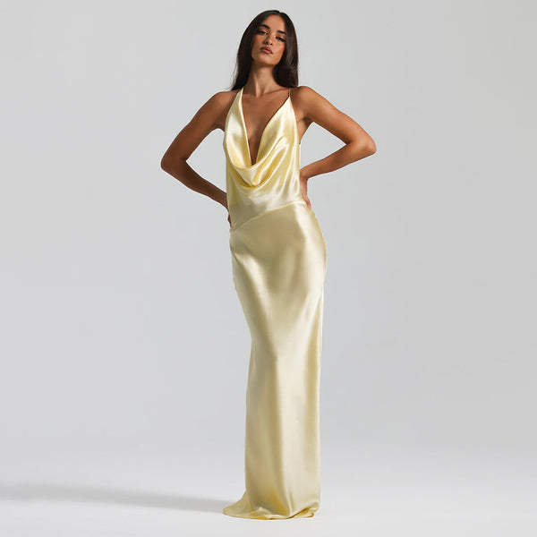 Vestido de Festa Longo de Cetim com Decote Degagê Costas Nuas – Telma