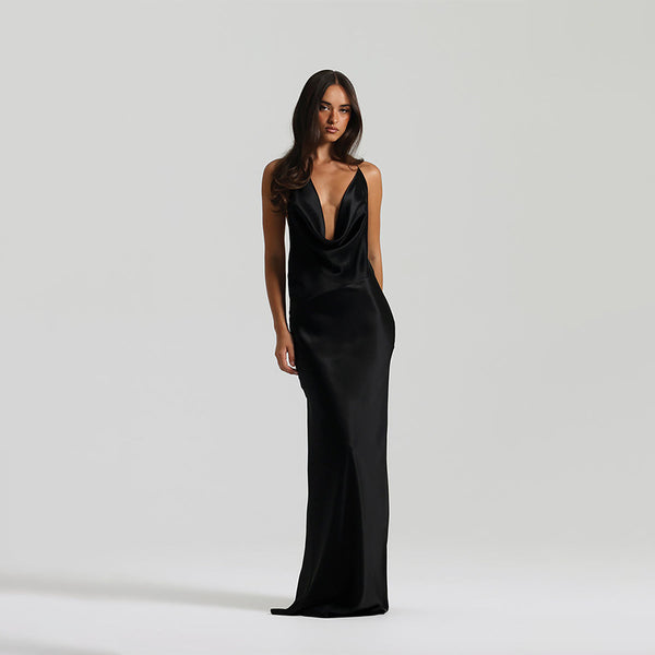 Vestido de Festa Longo de Cetim com Decote Degagê Costas Nuas – Telma