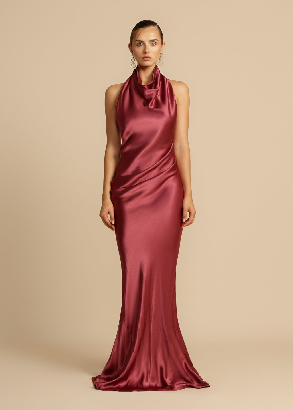 Vestido de Festa Longo de Cetim com Gola Drapê – Thalia