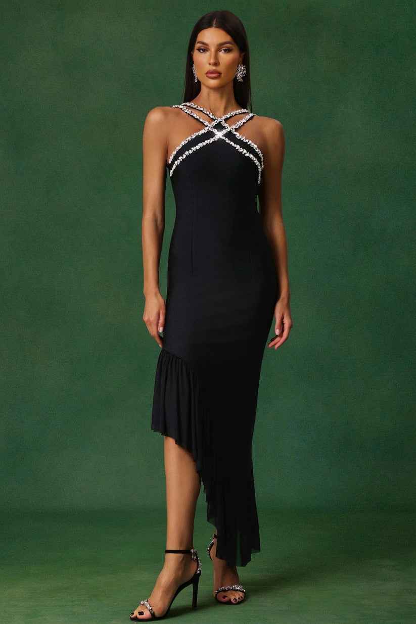 Vestido de Festa Midi Assimétrico com Alças de Cristal e Babado em Cascata – Melinara
