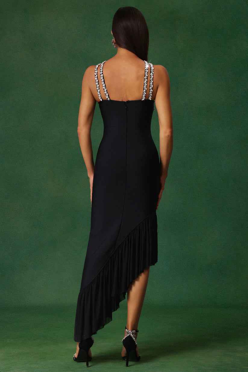 Vestido de Festa Midi Assimétrico com Alças de Cristal e Babado em Cascata – Melinara