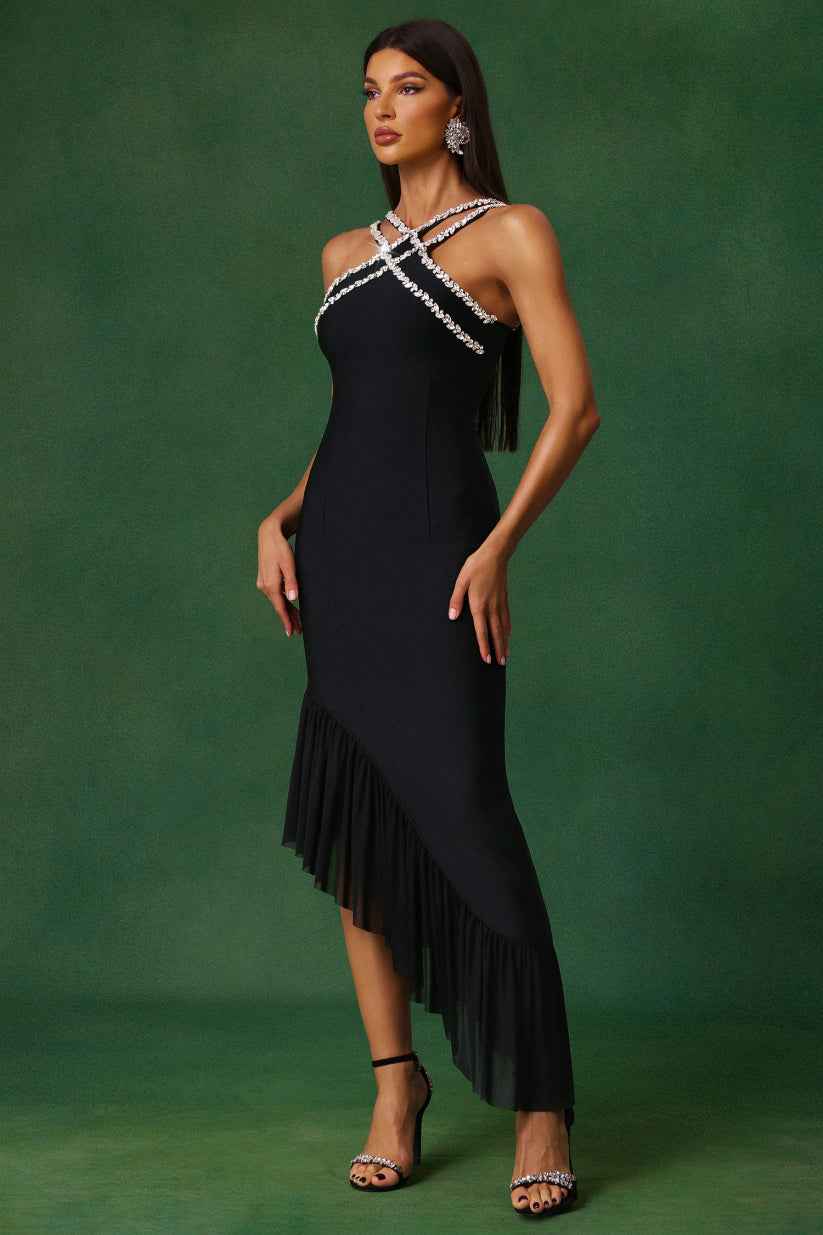 Vestido de Festa Midi Assimétrico com Alças de Cristal e Babado em Cascata – Melinara