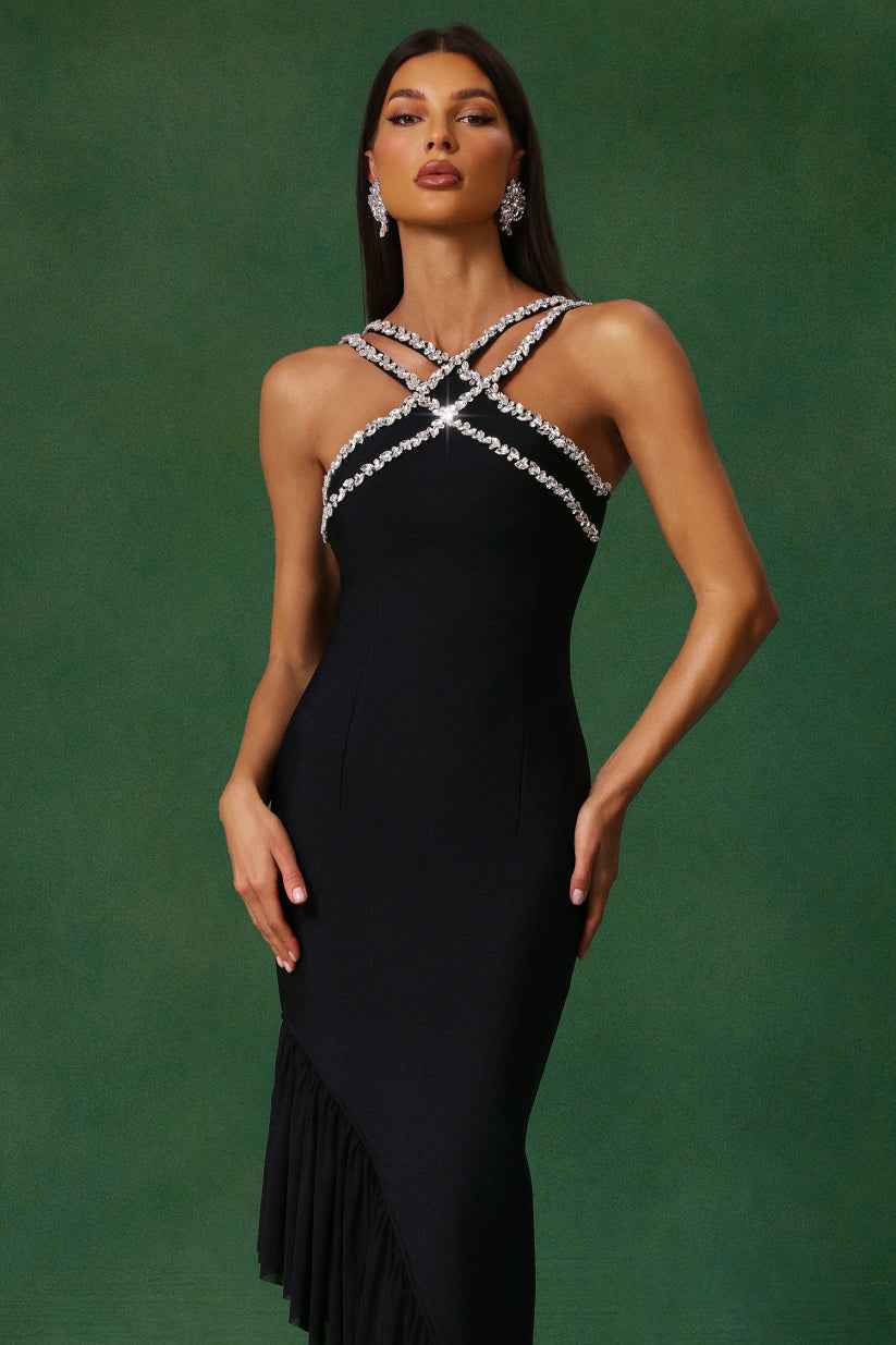 Vestido de Festa Midi Assimétrico com Alças de Cristal e Babado em Cascata – Melinara