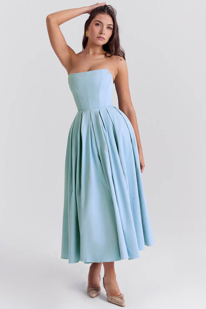Vestido de Festa Midi Tomara que Caia com Corpete Estruturado e Saia Godê – Naila