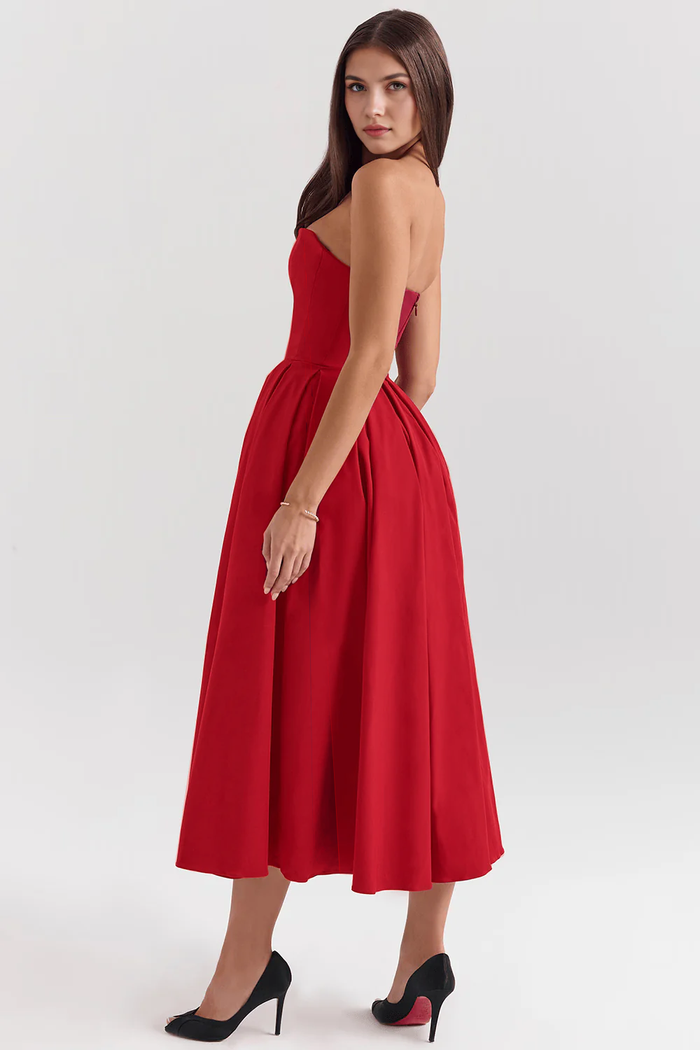 Vestido de Festa Midi Tomara que Caia com Corpete Estruturado e Saia Godê – Naila