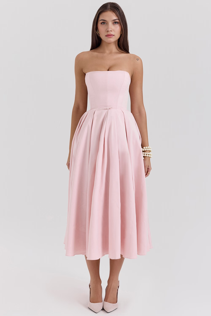 Vestido de Festa Midi Tomara que Caia com Corpete Estruturado e Saia Godê – Naila