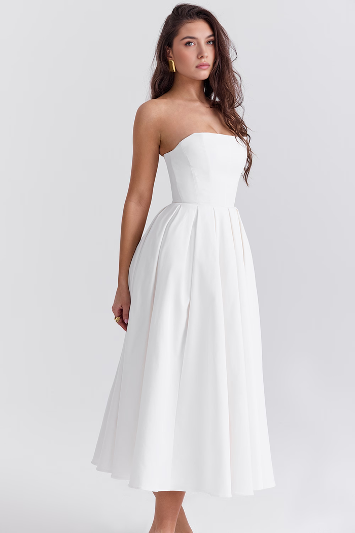 Vestido de Festa Midi Tomara que Caia com Corpete Estruturado e Saia Godê – Naila