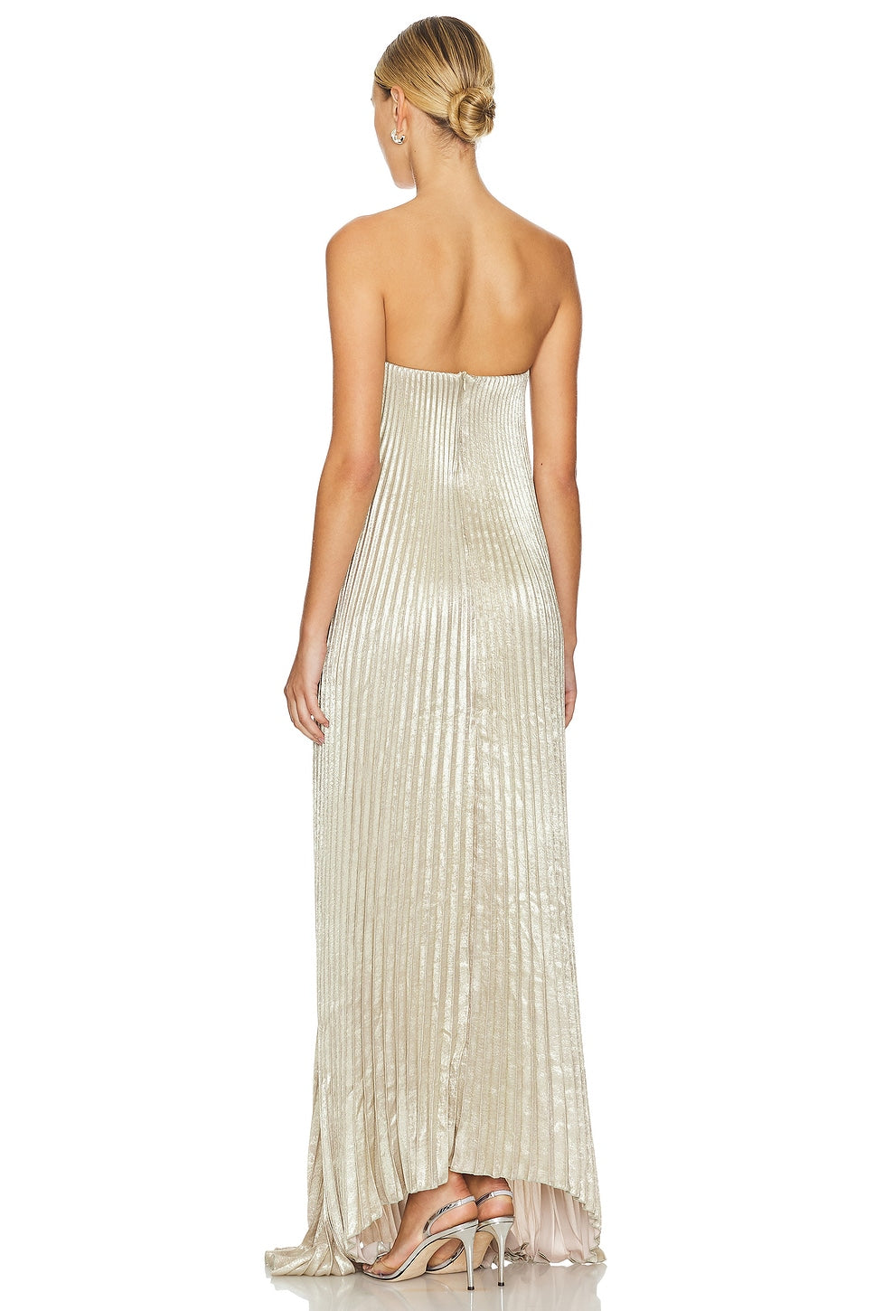 Vestido de Festa Longo Plissado Metalizado Tomara que Caia Evasê – Alilina