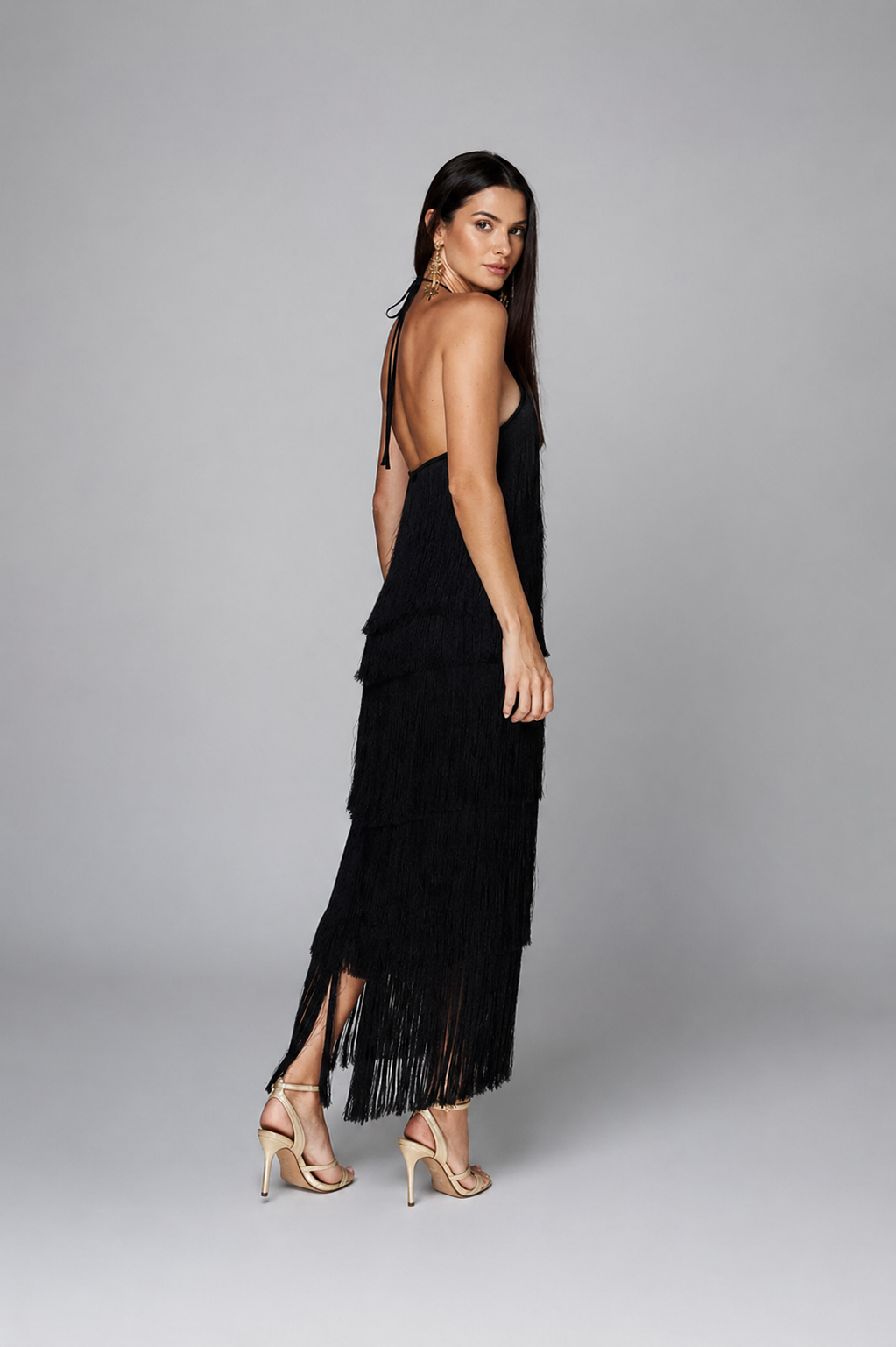 Vestido Feminino de Festa Elegante Midi Com Franjas – Caralina