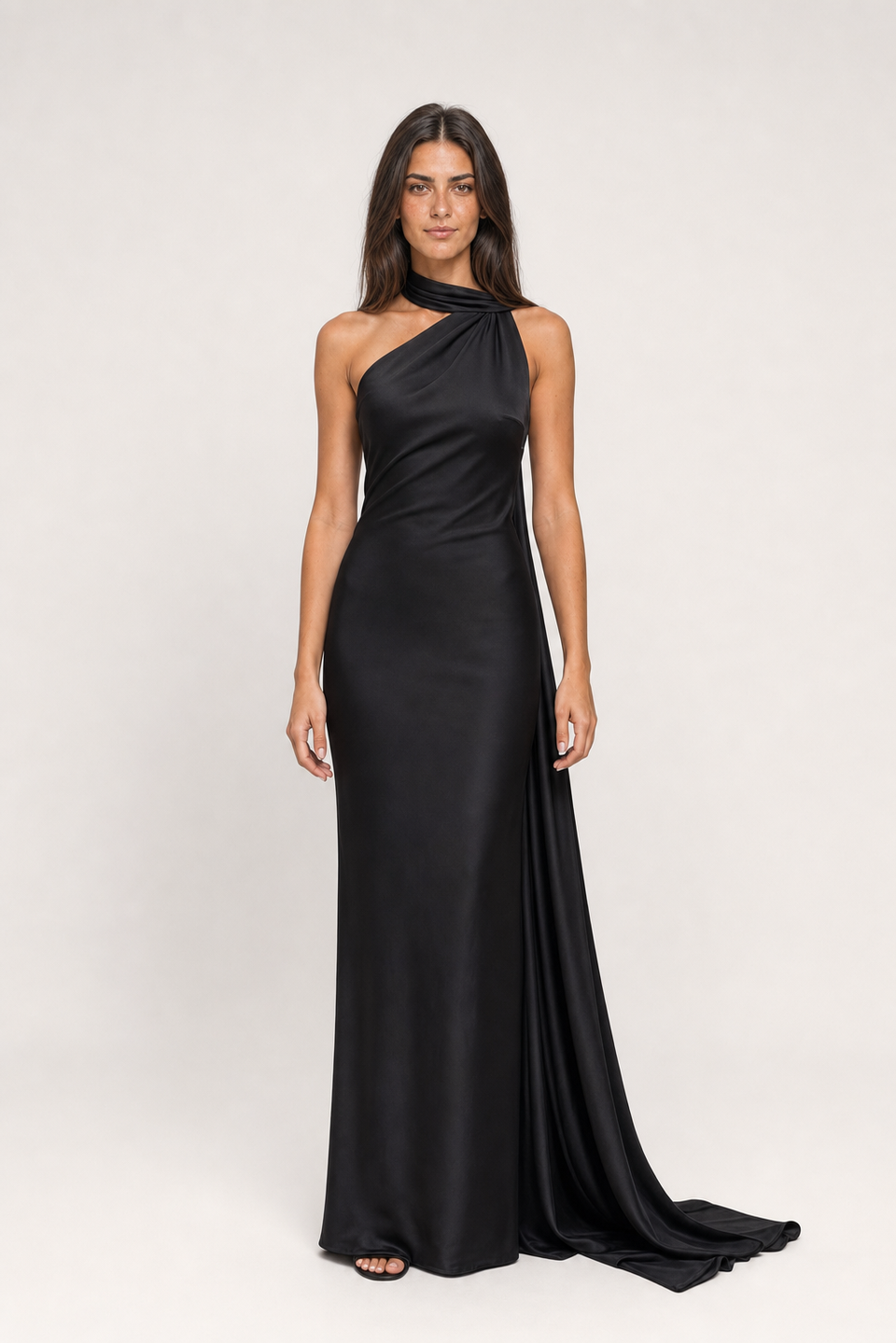 Vestido Longo de Festa Acetinado com Costas Abertas e Gola Halter – Melissa