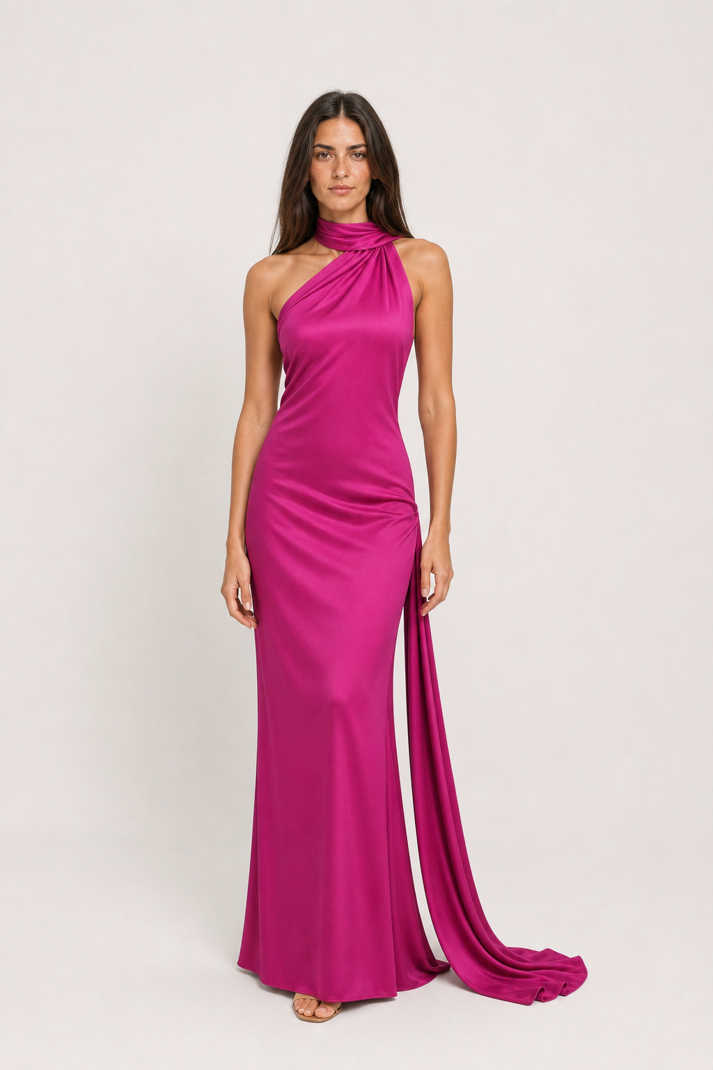 Vestido Longo de Festa Acetinado com Costas Abertas e Gola Halter – Melissa