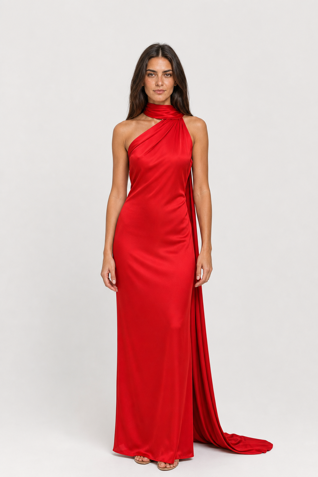 Vestido Longo de Festa Acetinado com Costas Abertas e Gola Halter – Melissa