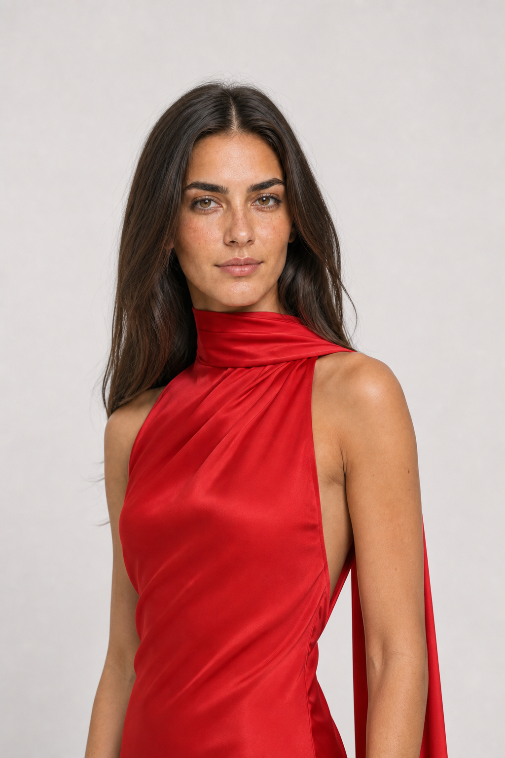 Vestido Longo de Festa Acetinado com Costas Abertas e Gola Halter – Melissa