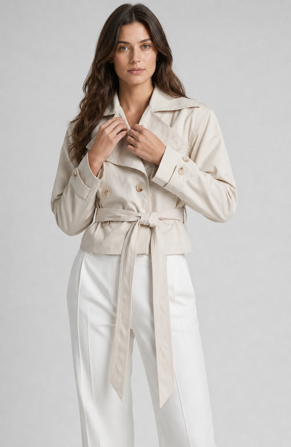Casaco Feminino Cropped Estilo Trench Coat com Amarração – Raquel
