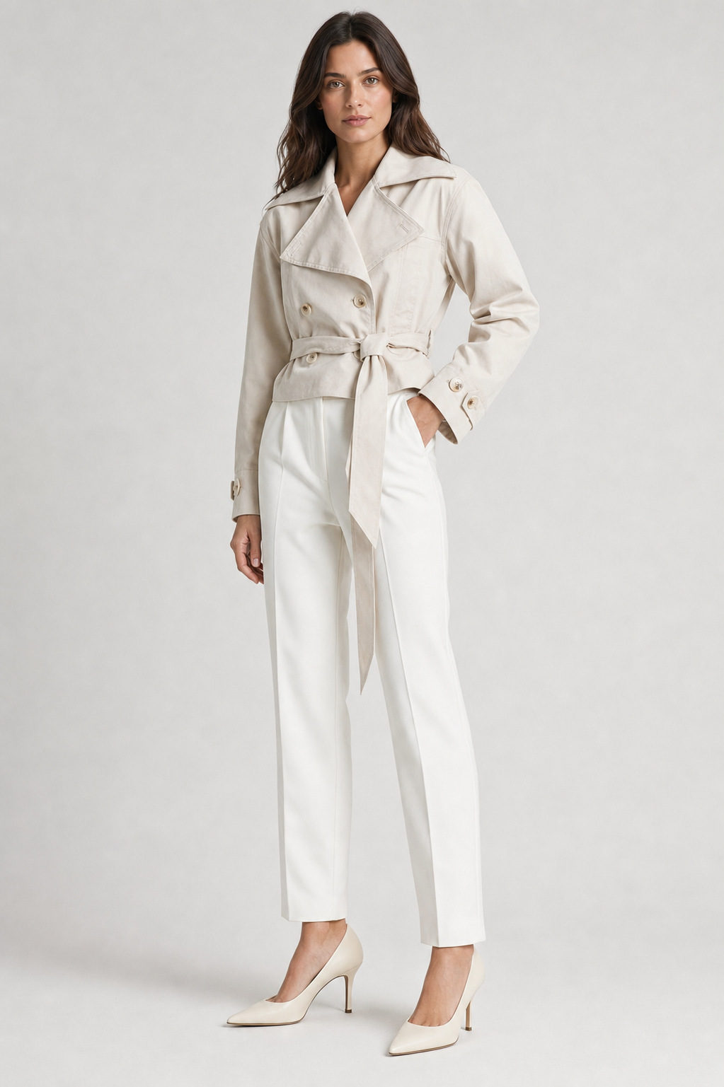 Casaco Feminino Cropped Estilo Trench Coat com Amarração – Raquel