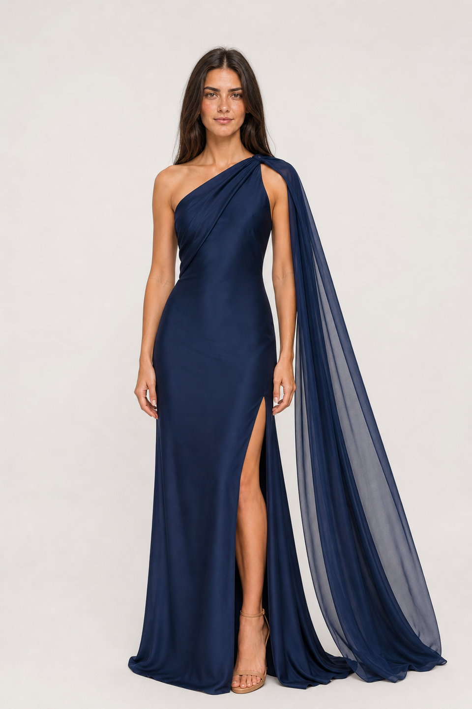 Vestido Longo de Festa Acetinado Assimétrico com Faixa Drapeada – Clarissa
