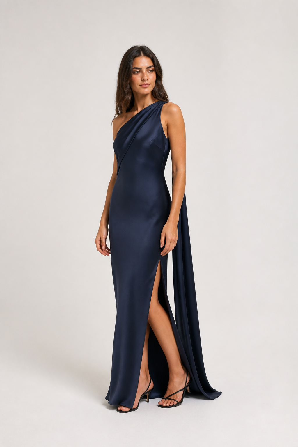 Vestido Longo de Festa Acetinado Assimétrico com Faixa Drapeada – Clarissa