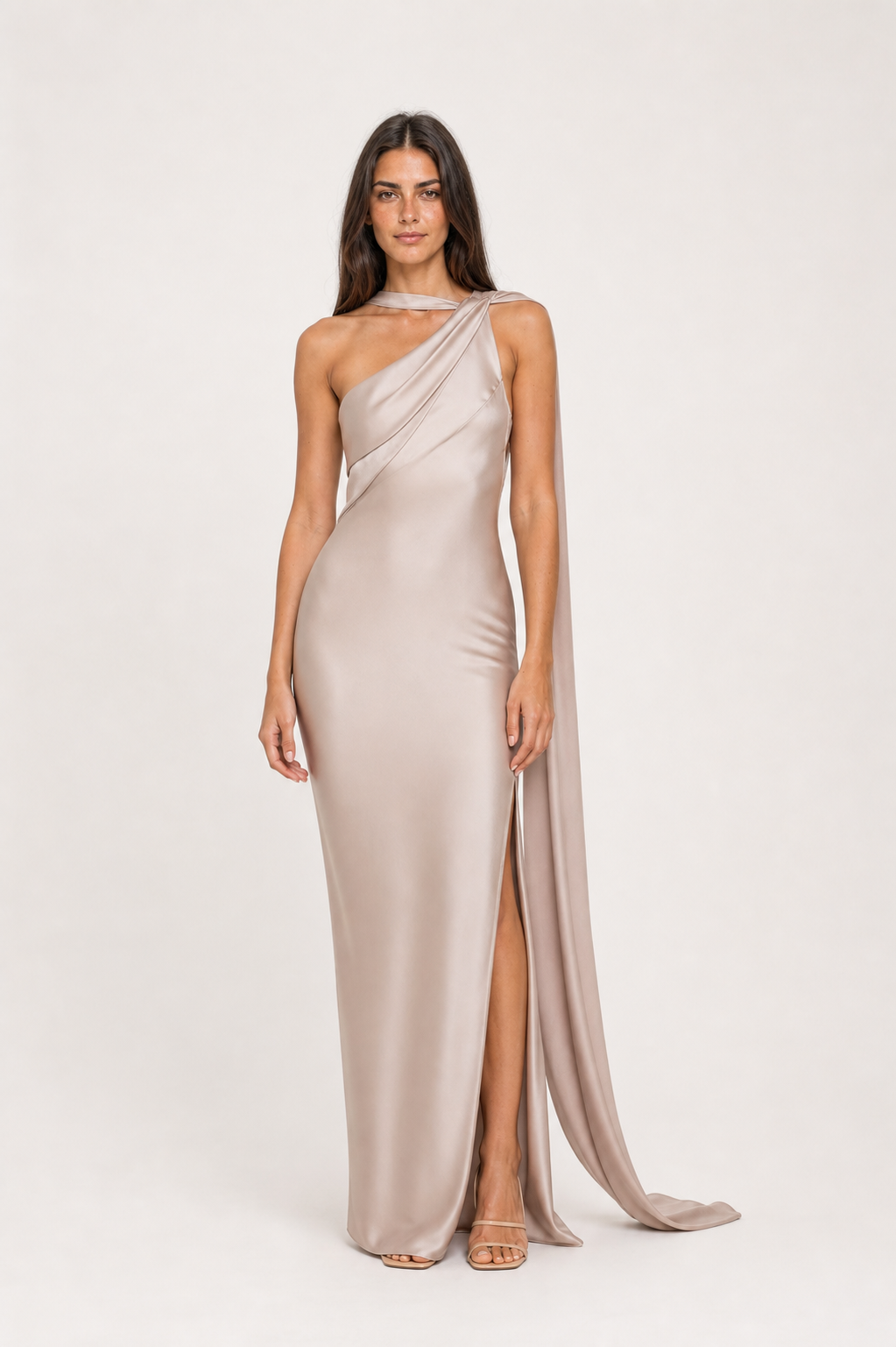 Vestido Longo de Festa Acetinado Assimétrico com Faixa Drapeada – Clarissa