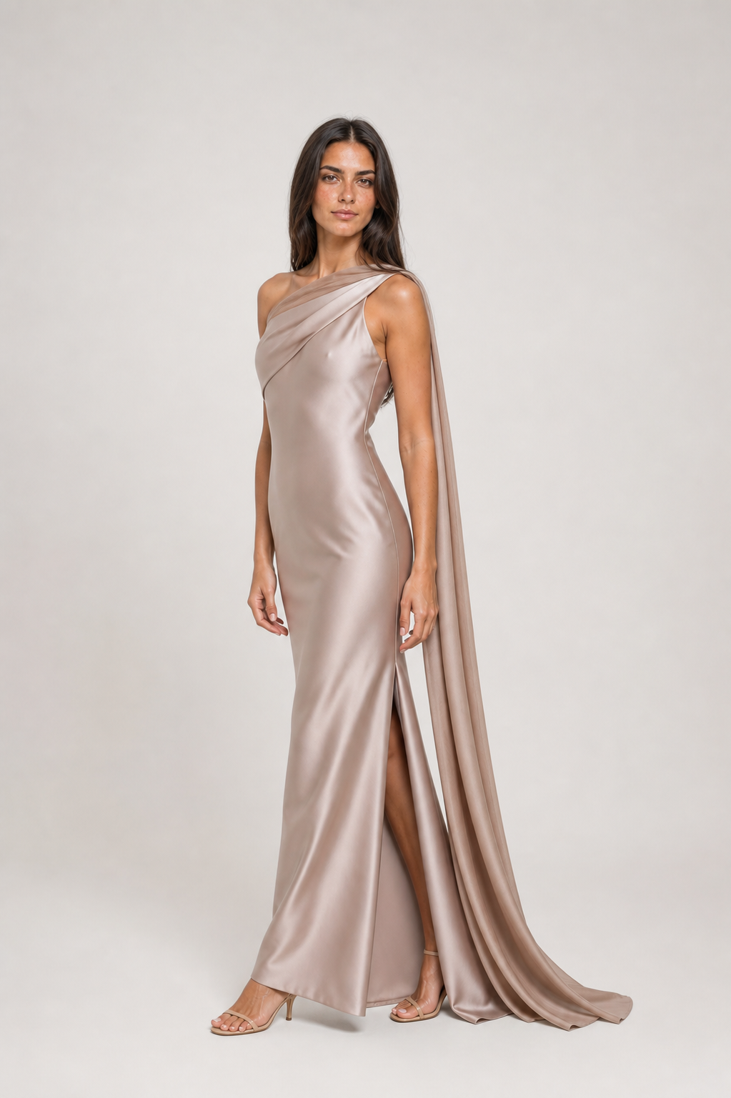 Vestido Longo de Festa Acetinado Assimétrico com Faixa Drapeada – Clarissa