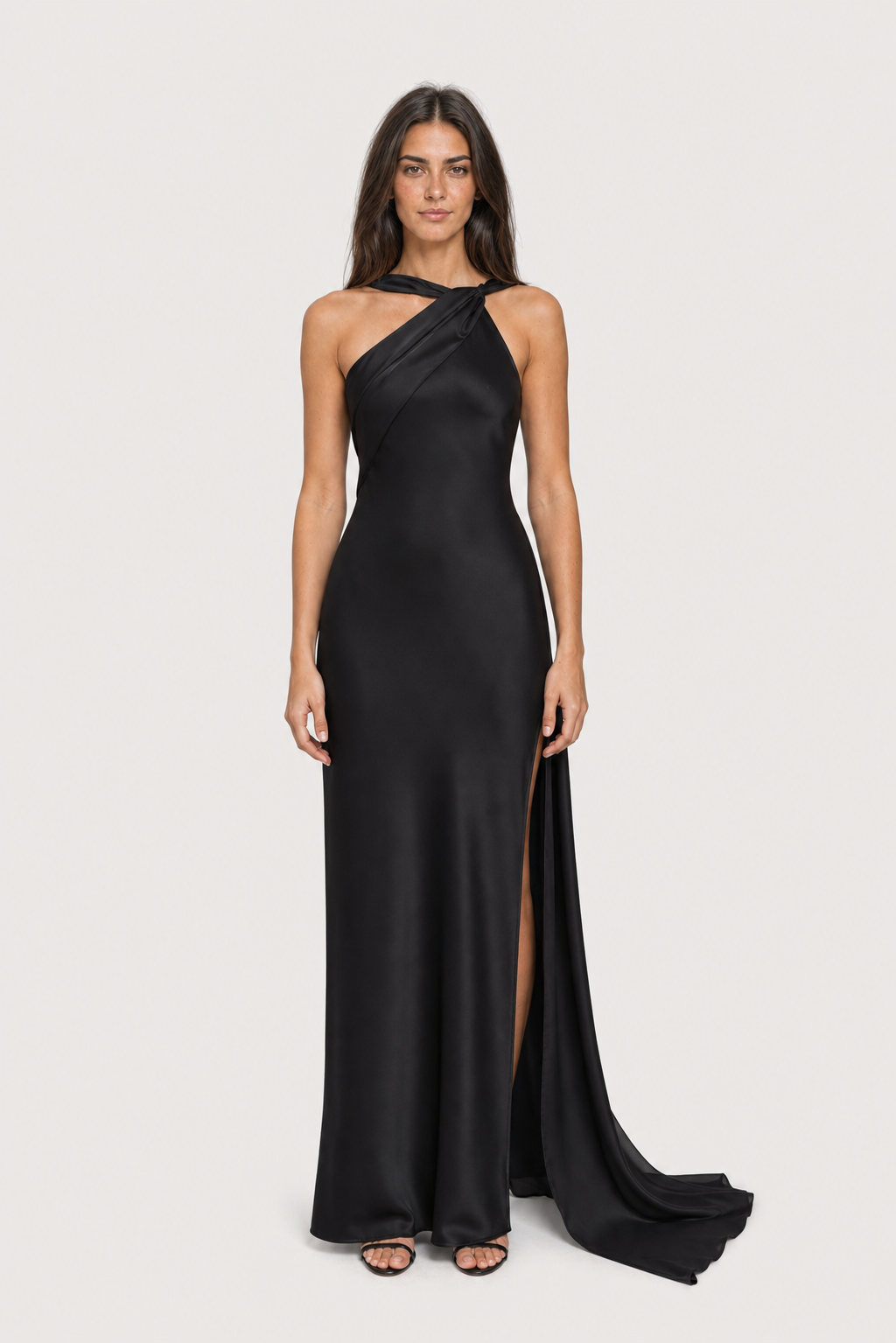 Vestido Longo de Festa Acetinado Assimétrico com Faixa Drapeada – Clarissa