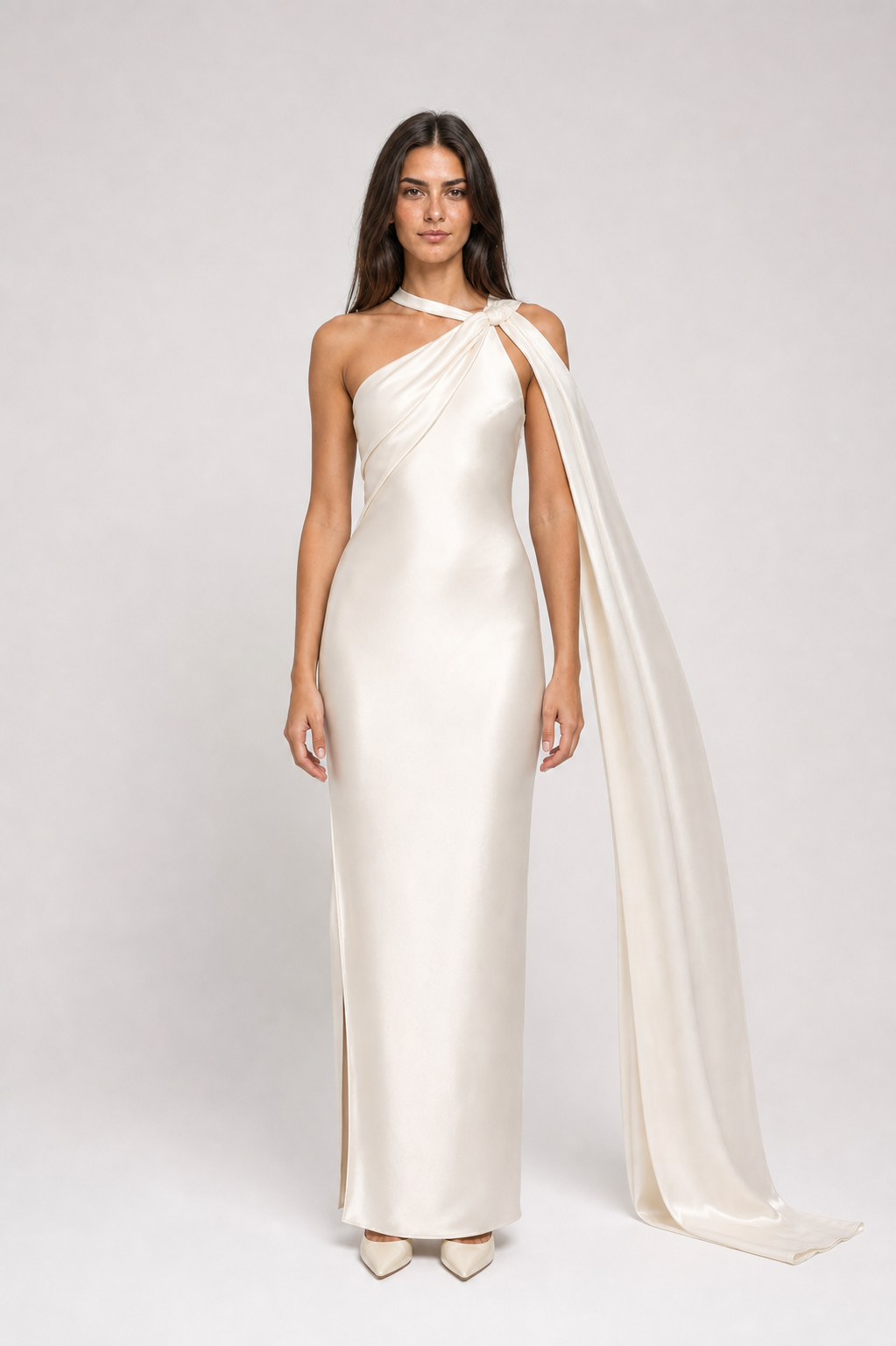 Vestido Longo de Festa Acetinado Assimétrico com Faixa Drapeada – Clarissa