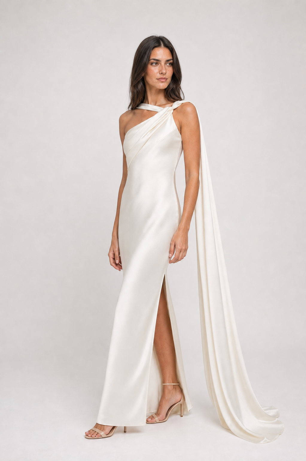Vestido Longo de Festa Acetinado Assimétrico com Faixa Drapeada – Clarissa
