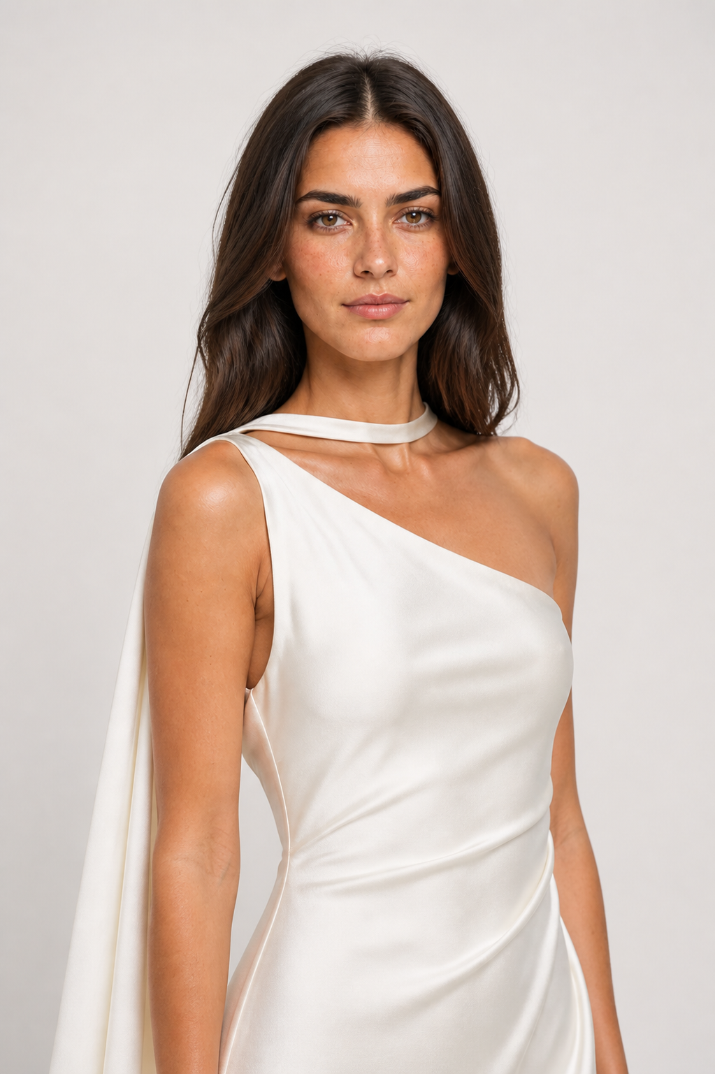 Vestido Longo de Festa Acetinado Assimétrico com Faixa Drapeada – Clarissa