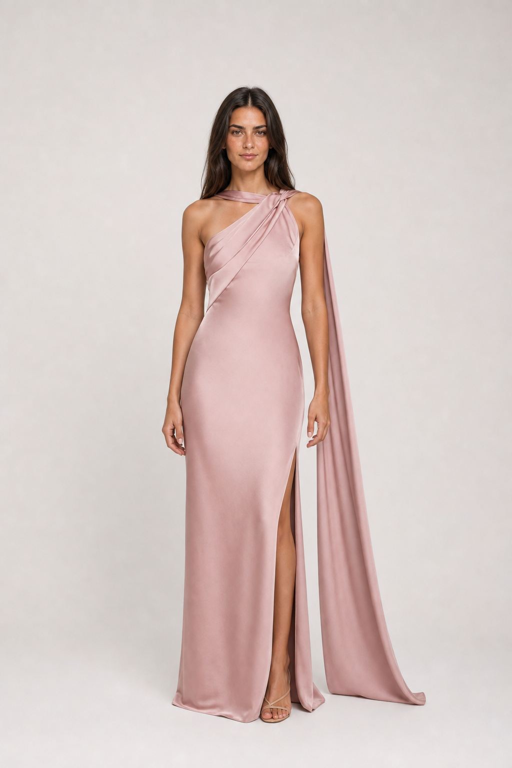 Vestido Longo de Festa Acetinado Assimétrico com Faixa Drapeada – Clarissa