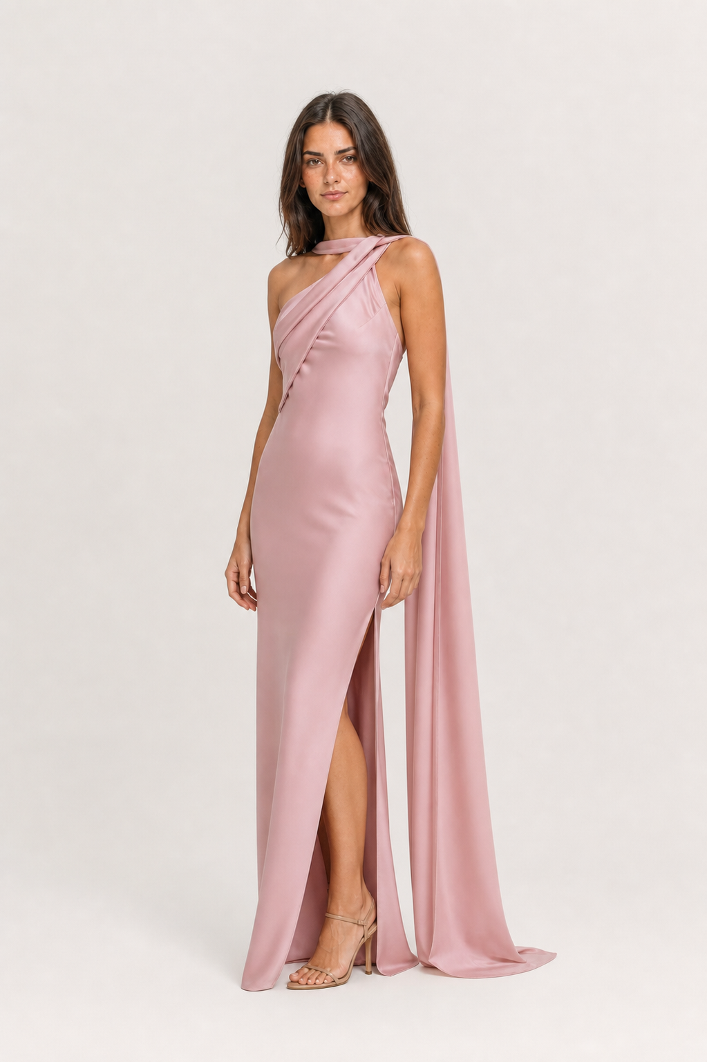 Vestido Longo de Festa Acetinado Assimétrico com Faixa Drapeada – Clarissa
