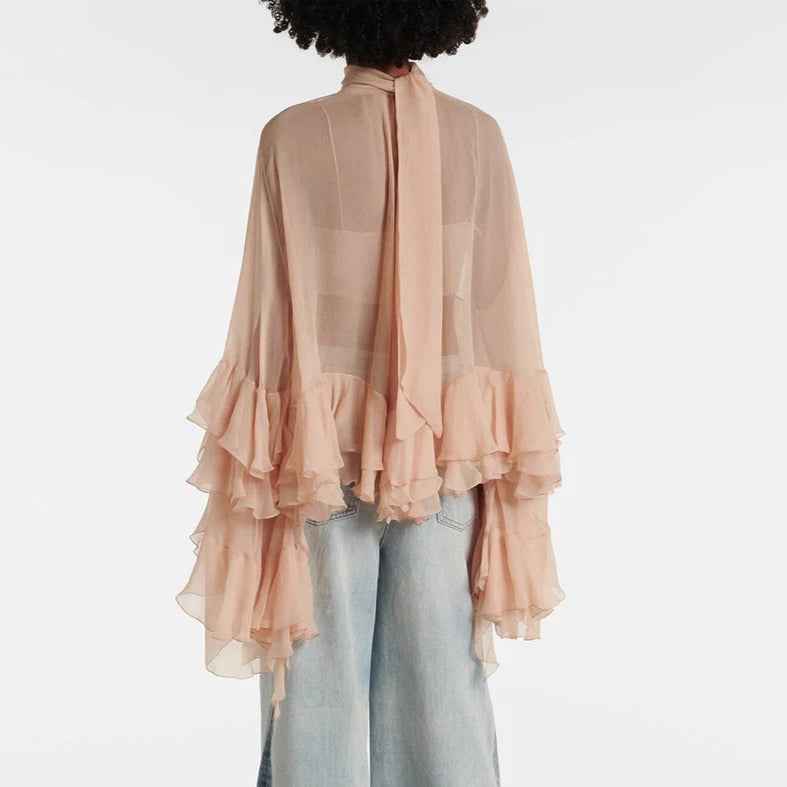 Blusa Feminina Transparente Gola Alta com Mangas Cascata de Babados – Luísa