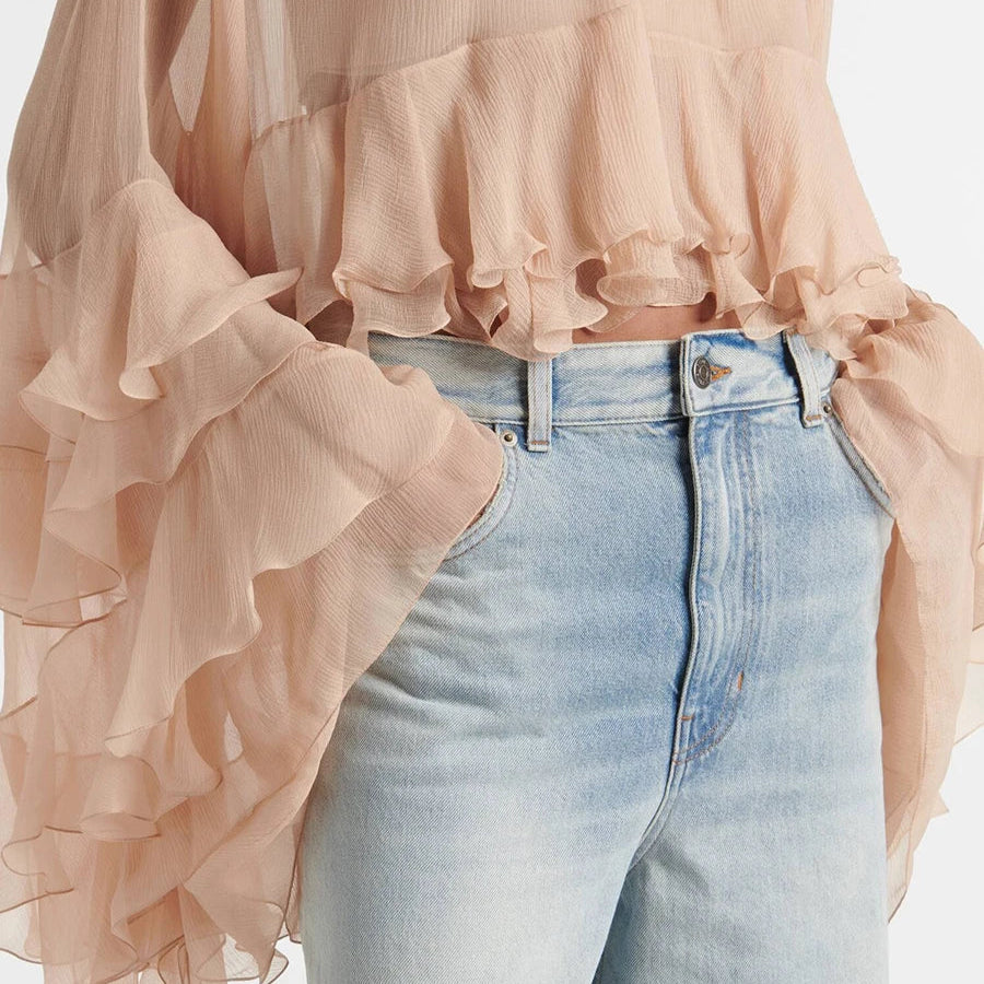 Blusa Feminina Transparente Gola Alta com Mangas Cascata de Babados – Luísa