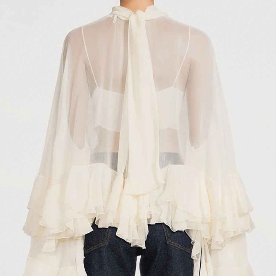 Blusa Feminina Transparente Gola Alta com Mangas Cascata de Babados – Luísa