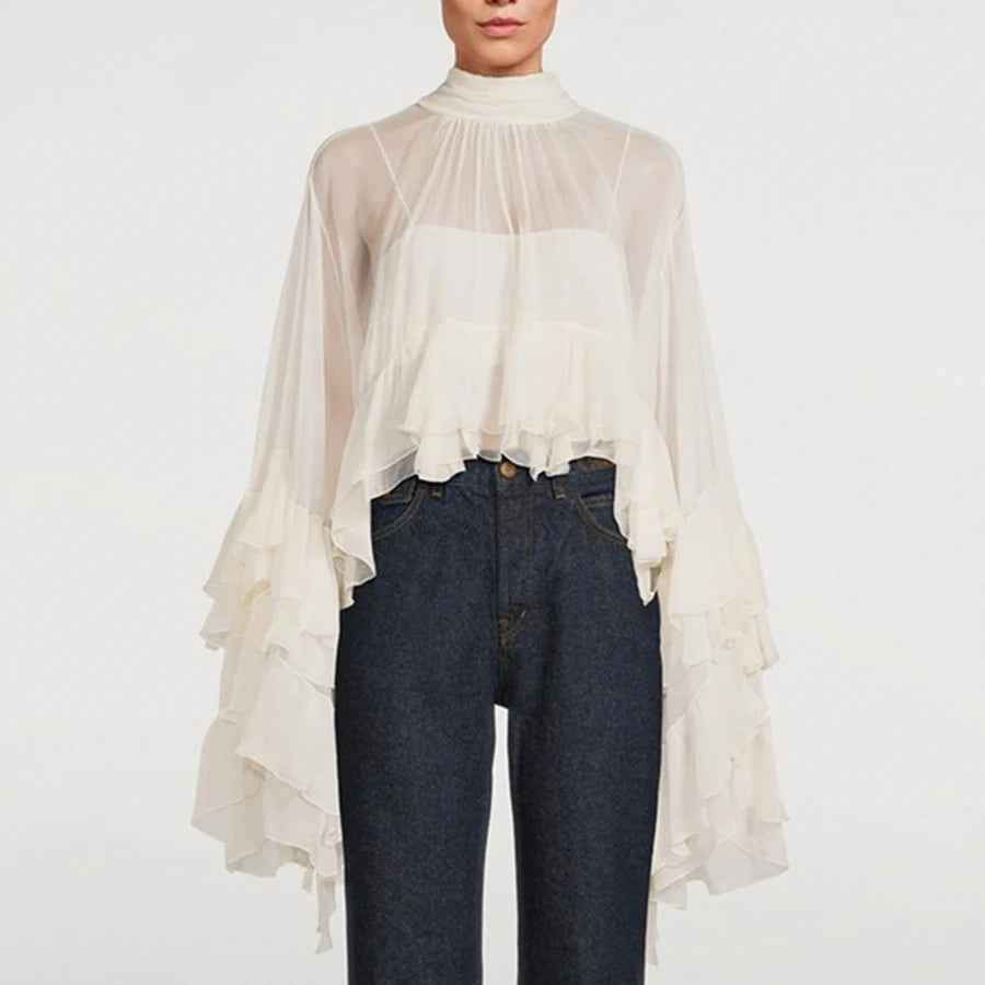 Blusa Feminina Transparente Gola Alta com Mangas Cascata de Babados – Luísa