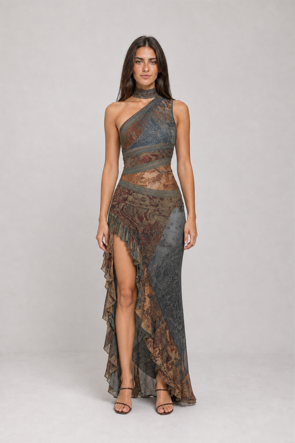 Vestido Longo Estampado de Um Ombro Só com Fenda – Catarina