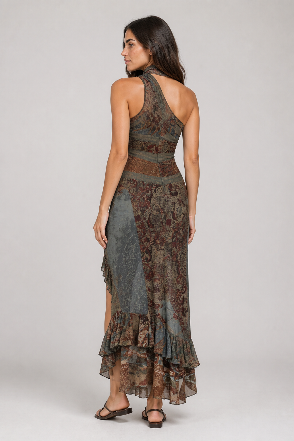 Vestido Longo Estampado de Um Ombro Só com Fenda – Catarina
