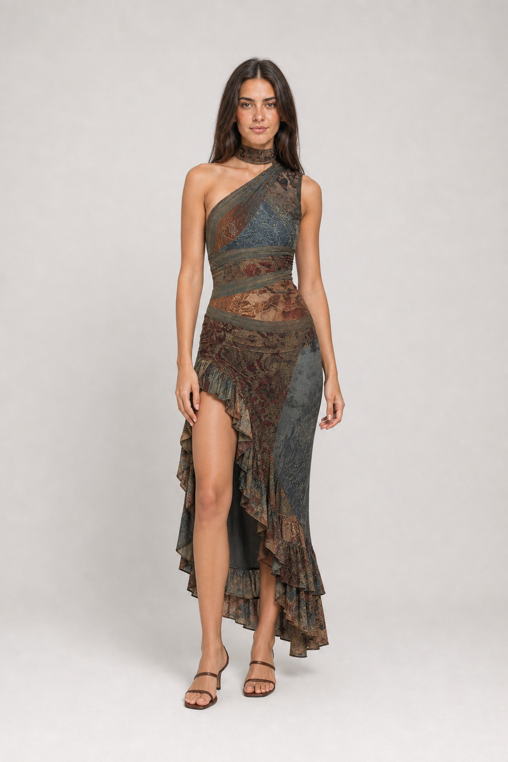 Vestido Longo Estampado de Um Ombro Só com Fenda – Catarina
