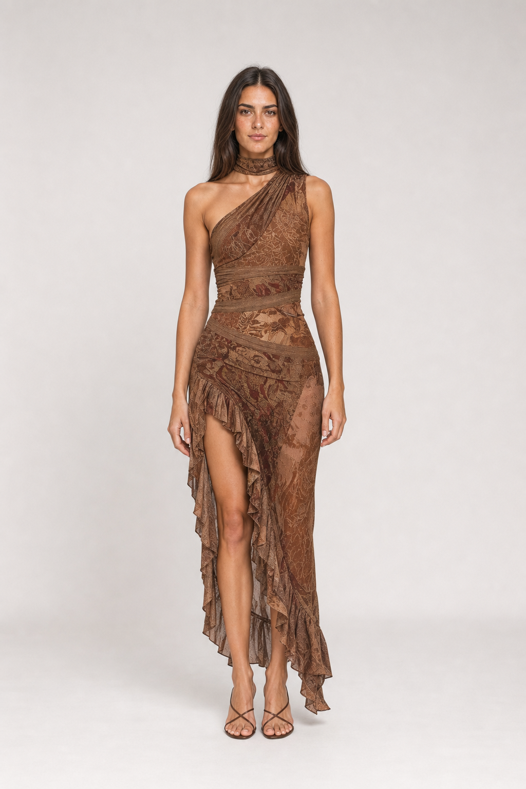 Vestido Longo Estampado de Um Ombro Só com Fenda – Catarina