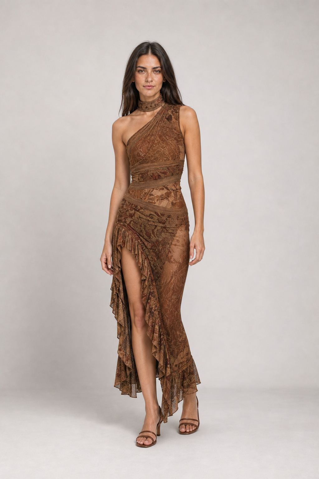 Vestido Longo Estampado de Um Ombro Só com Fenda – Catarina