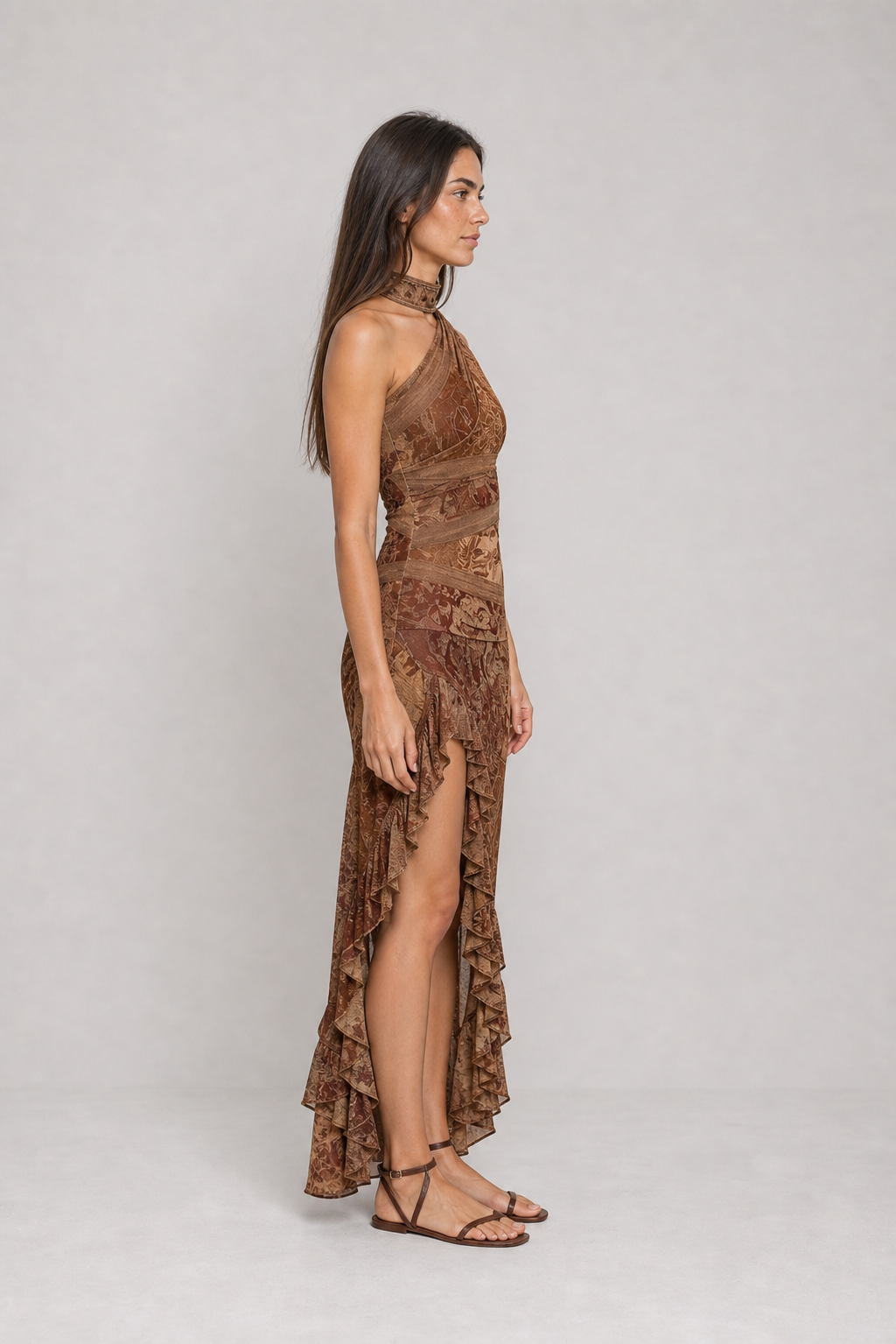 Vestido Longo Estampado de Um Ombro Só com Fenda – Catarina