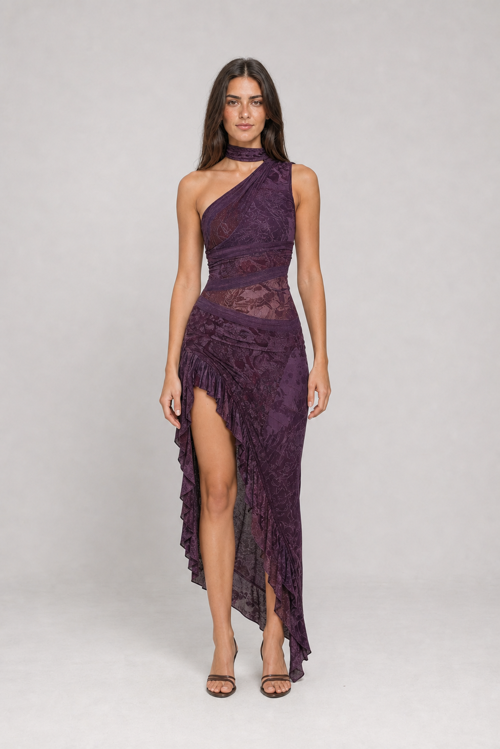 Vestido Longo Estampado de Um Ombro Só com Fenda – Catarina