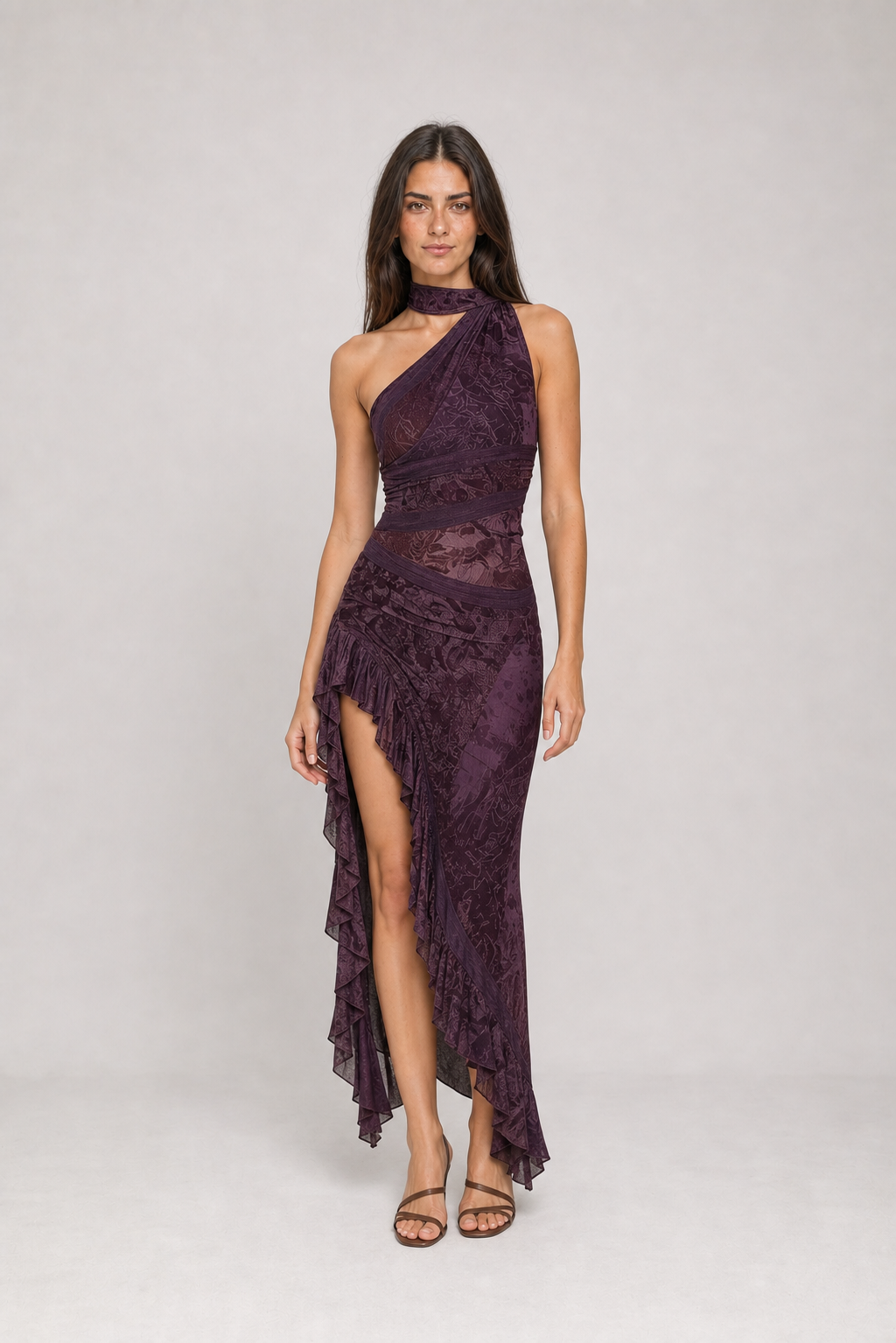Vestido Longo Estampado de Um Ombro Só com Fenda – Catarina
