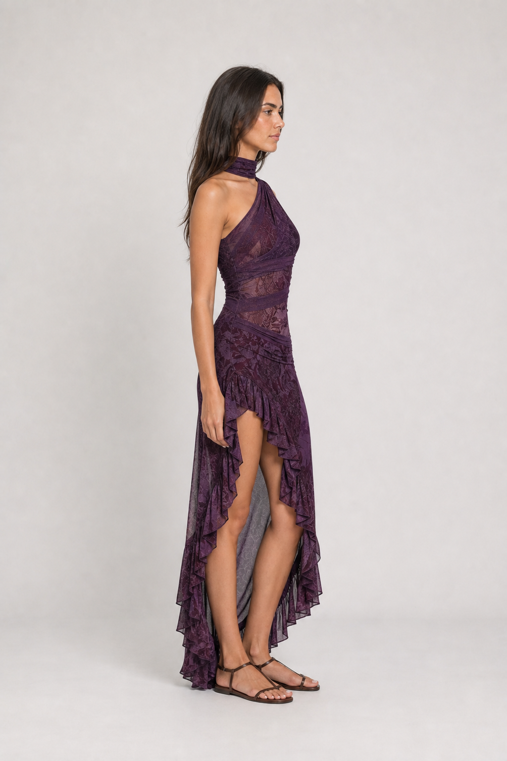 Vestido Longo Estampado de Um Ombro Só com Fenda – Catarina