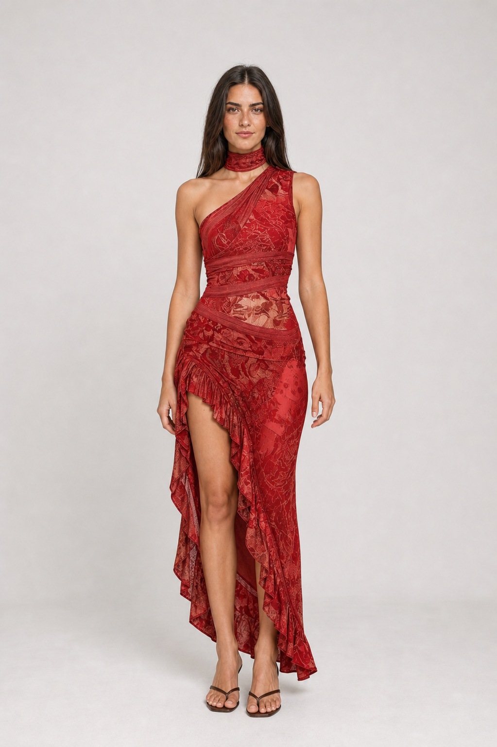 Vestido Longo Estampado de Um Ombro Só com Fenda – Catarina