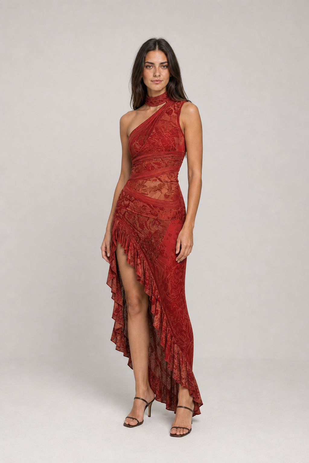 Vestido Longo Estampado de Um Ombro Só com Fenda – Catarina