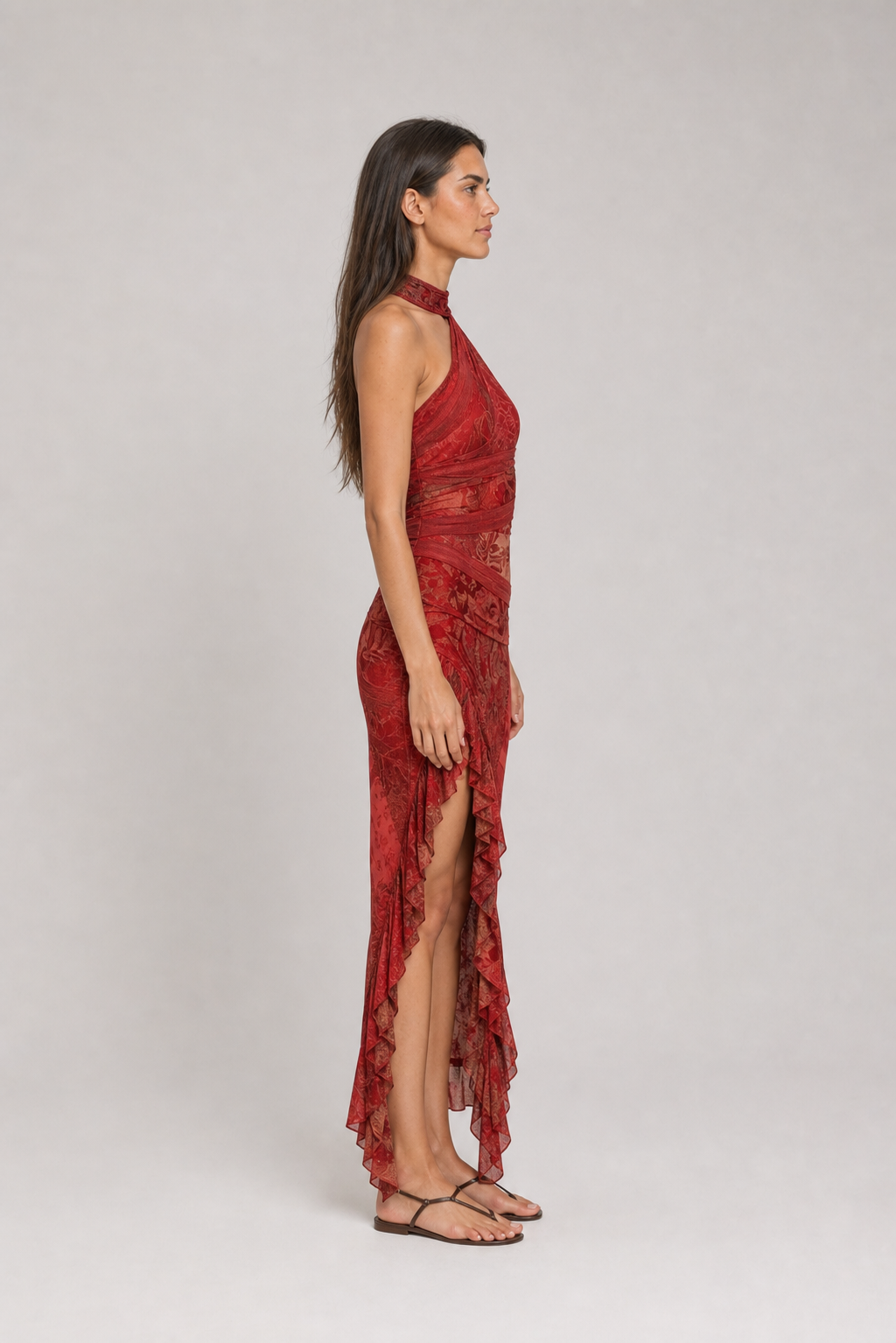 Vestido Longo Estampado de Um Ombro Só com Fenda – Catarina