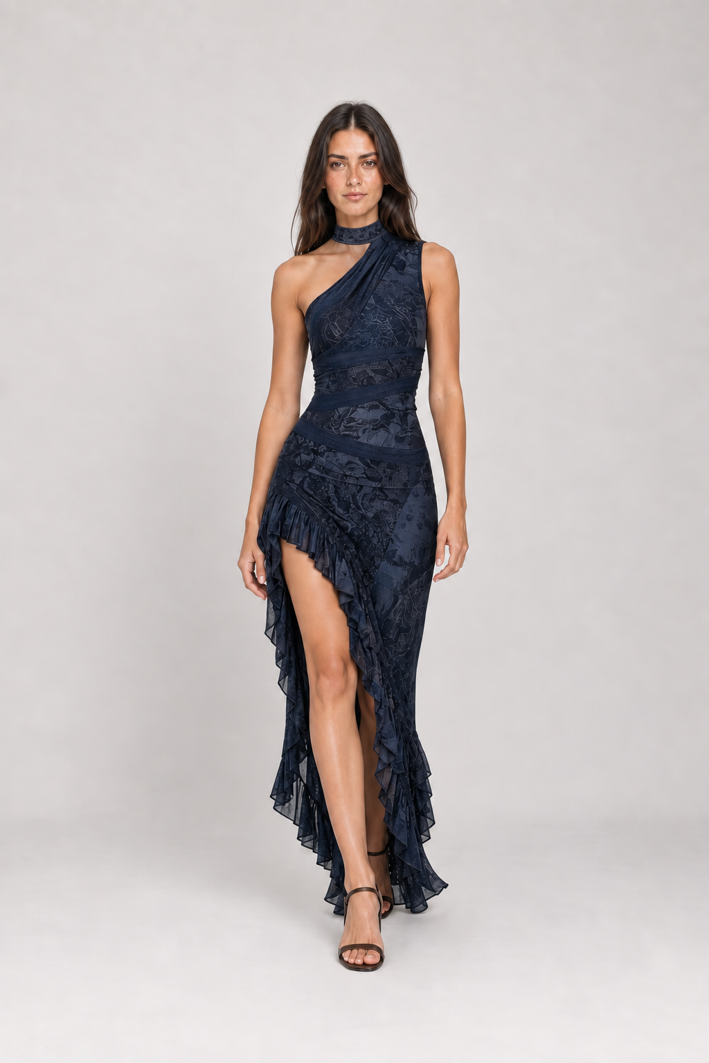 Vestido Longo Estampado de Um Ombro Só com Fenda – Catarina