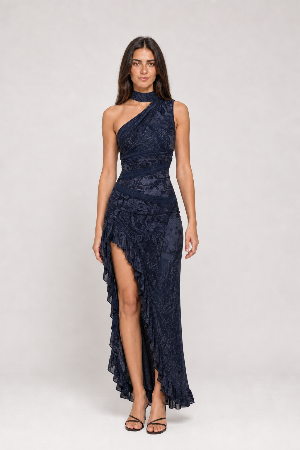 Vestido Longo Estampado de Um Ombro Só com Fenda – Catarina